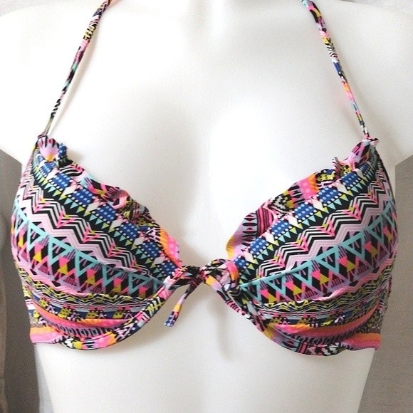 Victoria's Secret Tribal Print Ruffled Halter Padded Bra Bikini Swimsuit Top 34A - Picture 3 of 6
